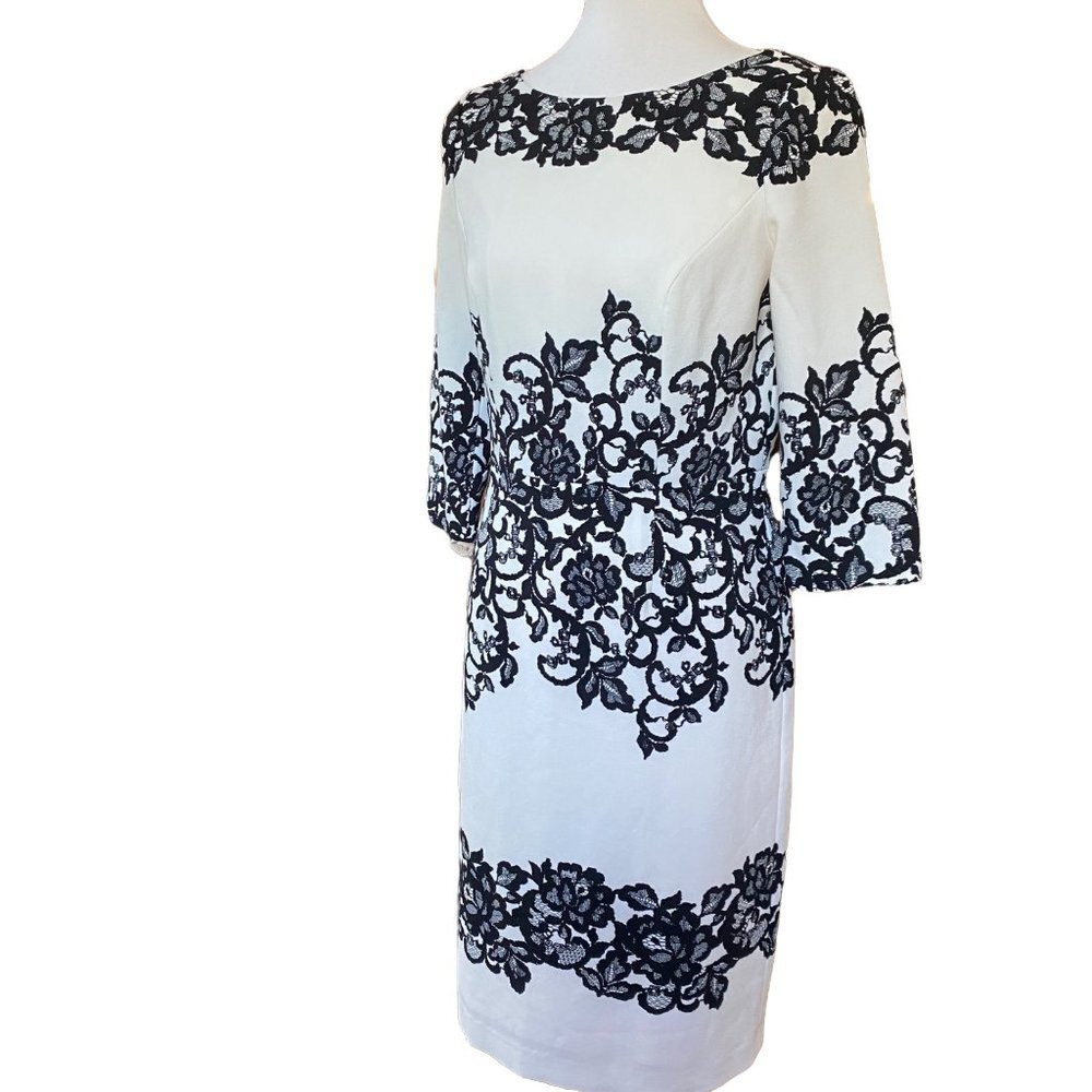 Adrianna Papell Womens Dress Size 8 Floral Lace 3/4 Sleeve Sheath Cocktail Party - Picture 3 of 12